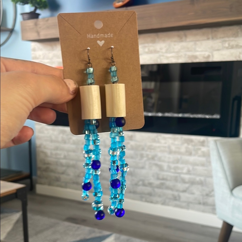 Handmade Blue and Tan Beaded Earrings